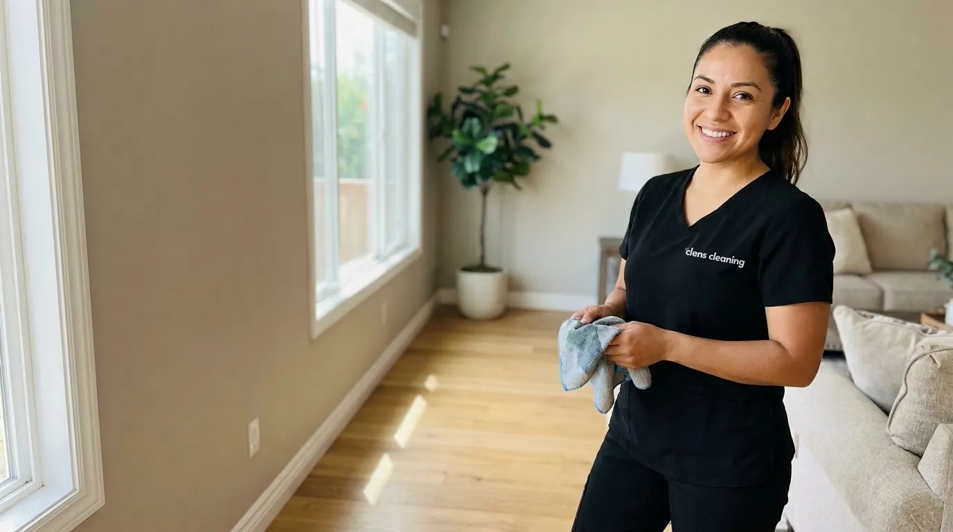 A Clens Cleaning employee mid-clean in a bright San Diego living room