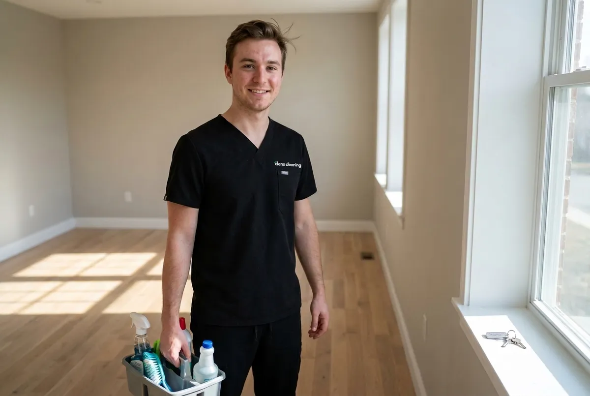 A Clens Cleaning employee in a bright empty San Diego home, keys on the sill