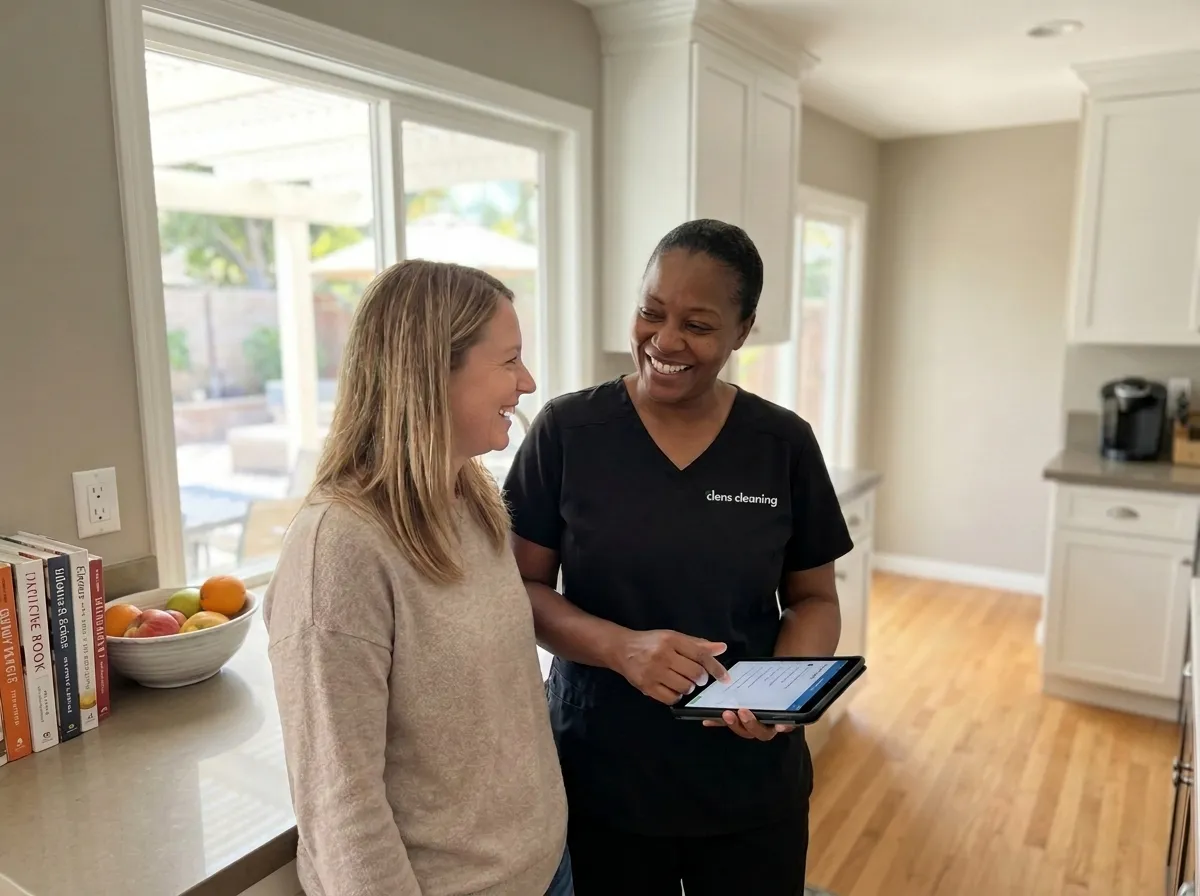 A Clens Cleaning employee reviewing home notes with a San Diego homeowner
