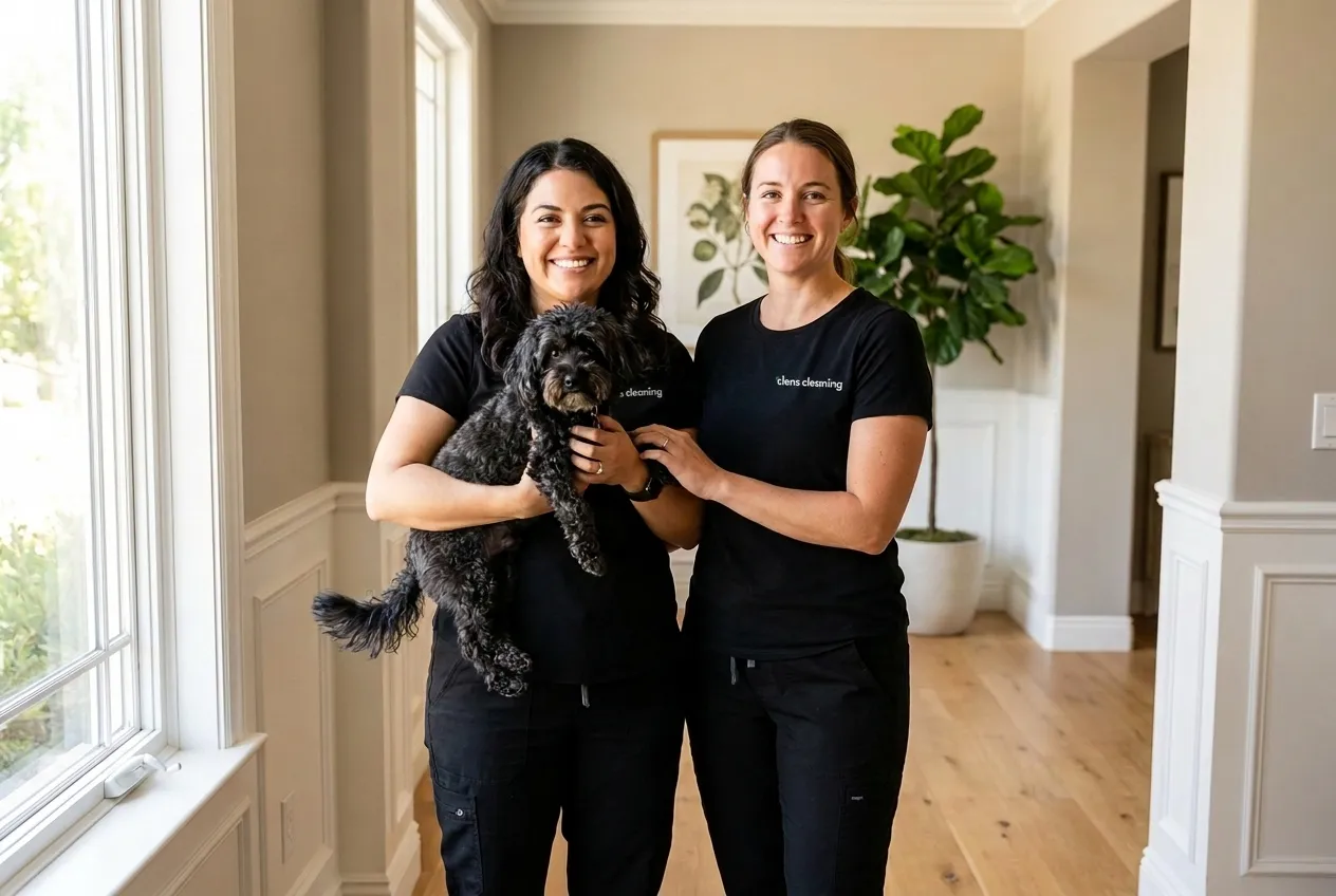 Two Clens Cleaning employees with a happy client's dog in a San Diego home